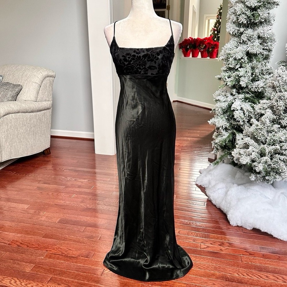 Vintage Made in USA 2000s‎ Steppin Out Black Satin Velour Maxi Formal Gown Dress